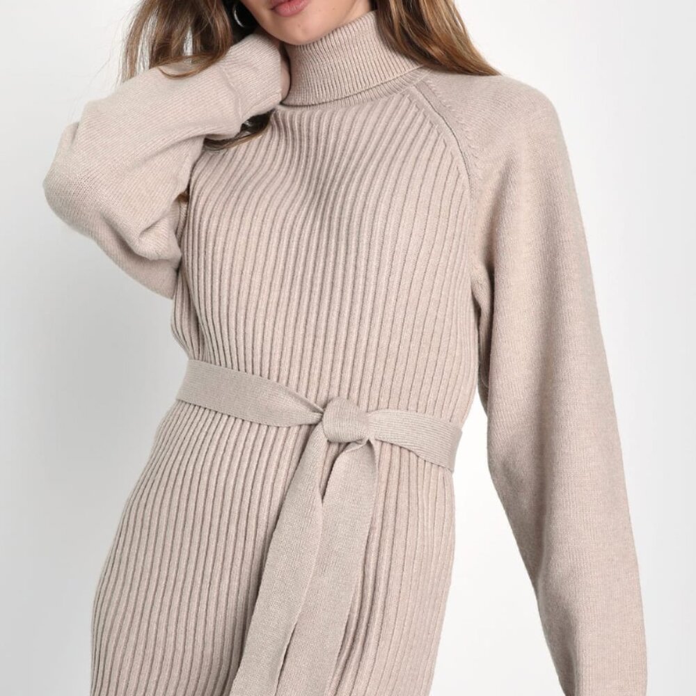 NWT Lulu’s Beige Ribbed Knit Turtleneck Mini Dress
